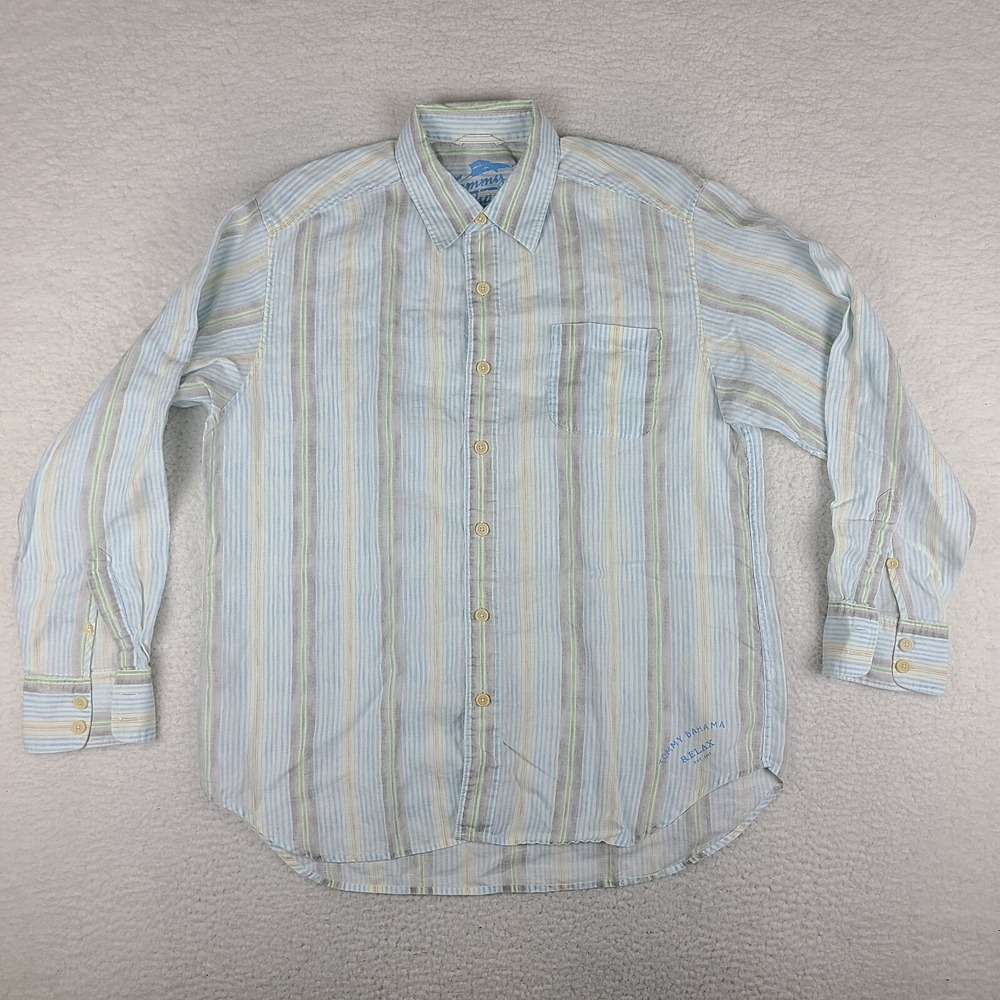 Tommy Bahama Shirt Mens Large Blue Brown Green Relaxed Fit Dress‎ Button Up *